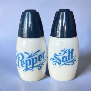 Westinghouse Gemco Milk Glass Salt & Pepper Shakers Blue Lettering Vintage